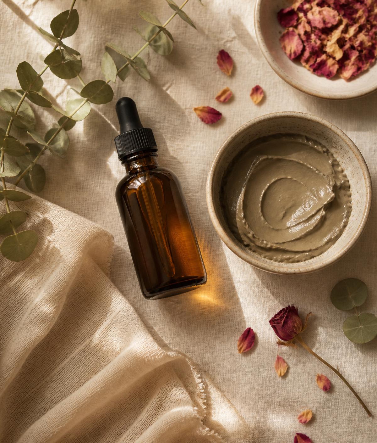 Amber dropper bottle, ceramic clay mask bowl, dried rose petals and eucalyptus on cream linen