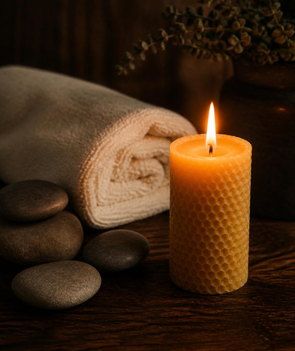 Beeswax candle beside river stones and a folded towel